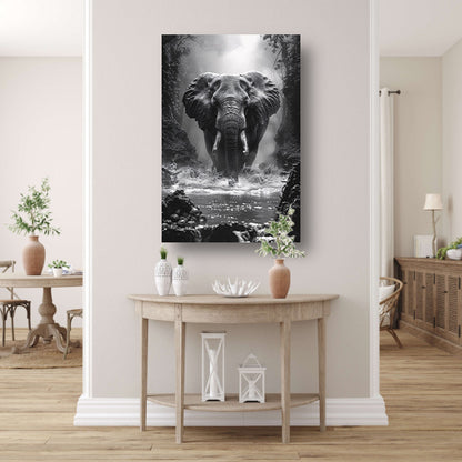 Zwart-wit portret van een olifant in de rivier canvas