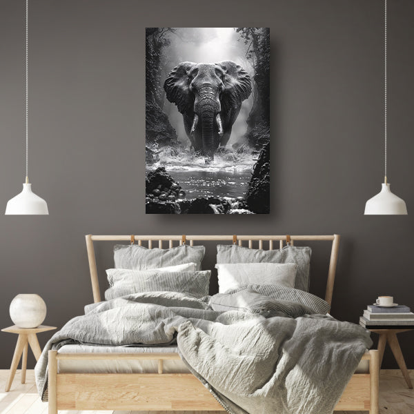 Zwart-wit portret van een olifant in de rivier canvas