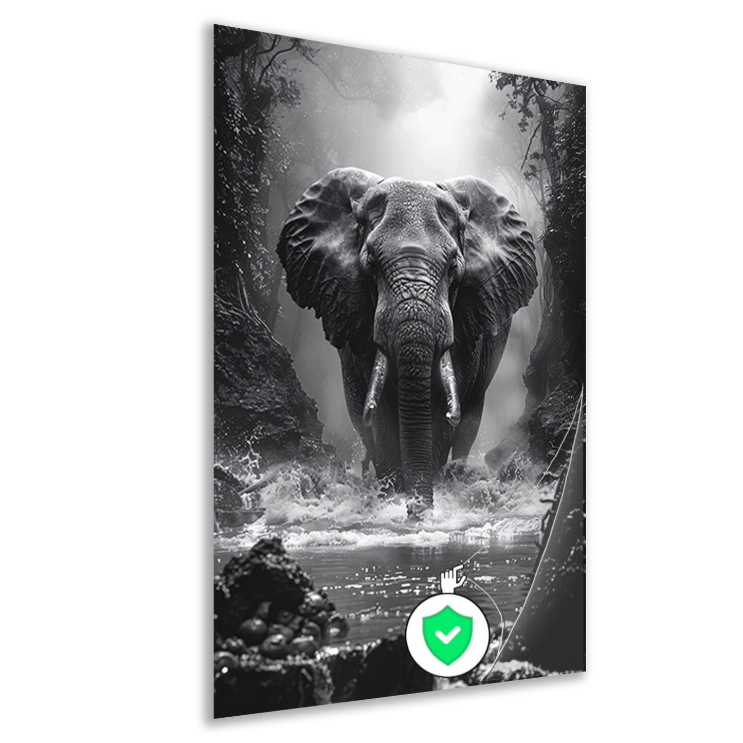 Zwart-wit portret van een olifant in de rivier poster