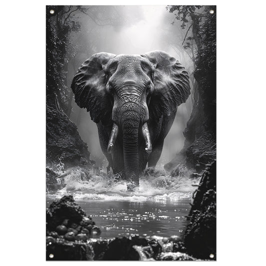 Zwart-wit portret van een olifant in de rivier tuinposter