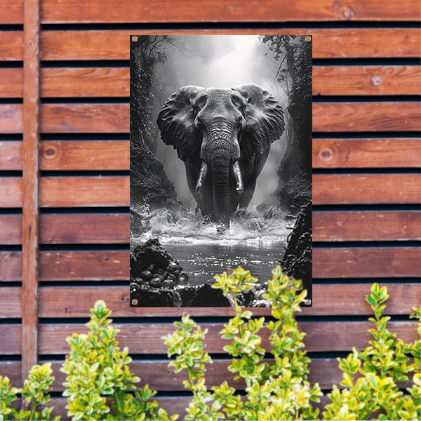Zwart-wit portret van een olifant in de rivier tuinposter
