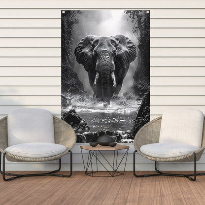 Zwart-wit portret van een olifant in de rivier tuinposter