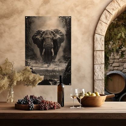 Zwart-wit portret van een olifant in de rivier tuinposter