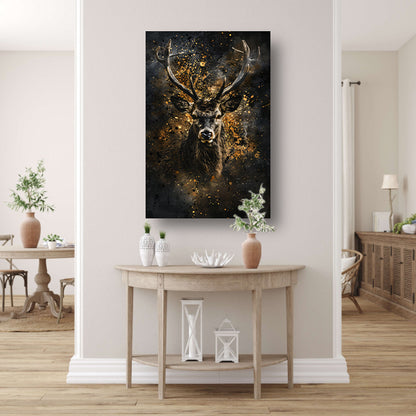 Mysterieus hert met abstracte gouden spatten canvas