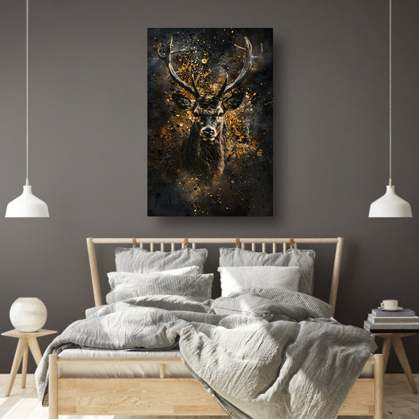 Mysterieus hert met abstracte gouden spatten canvas