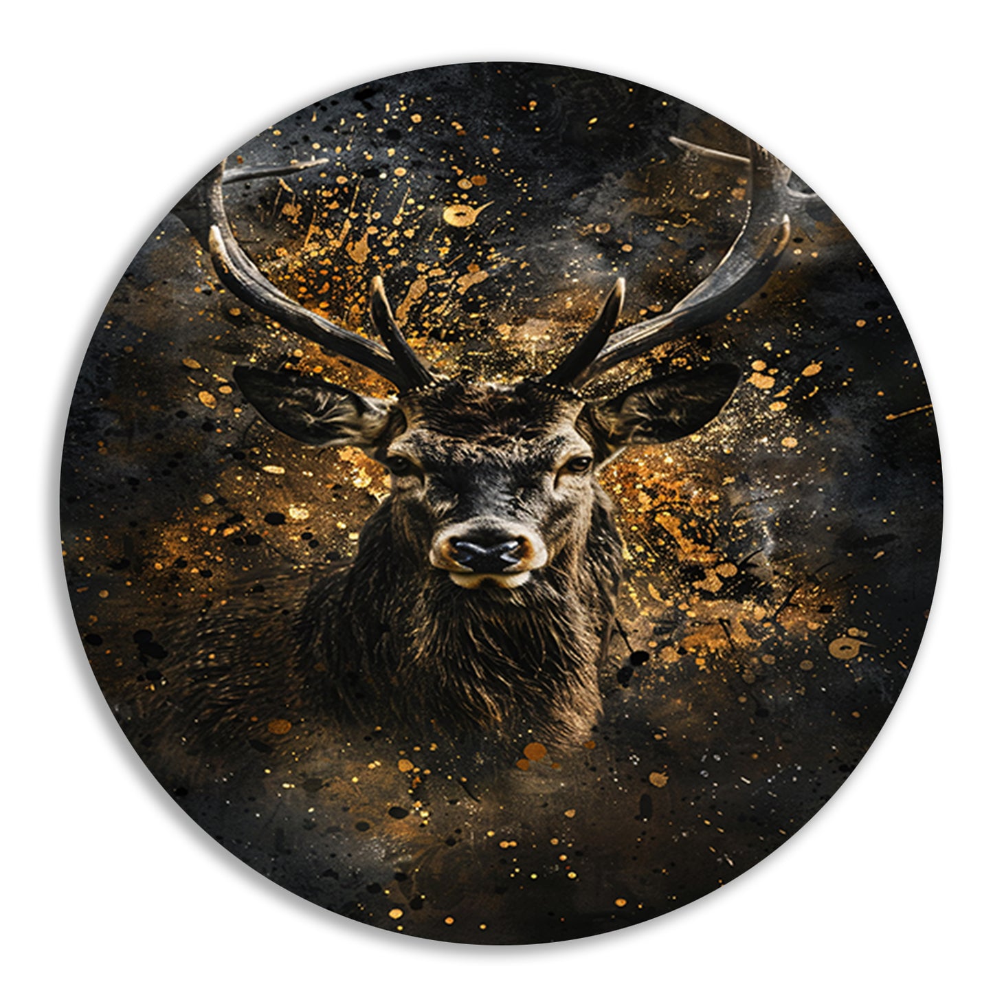 Mysterieus hert met abstracte gouden spatten aluminium muurcirkel