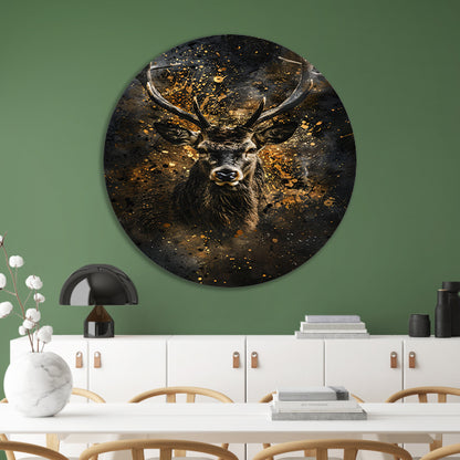 Mysterieus hert met abstracte gouden spatten aluminium muurcirkel