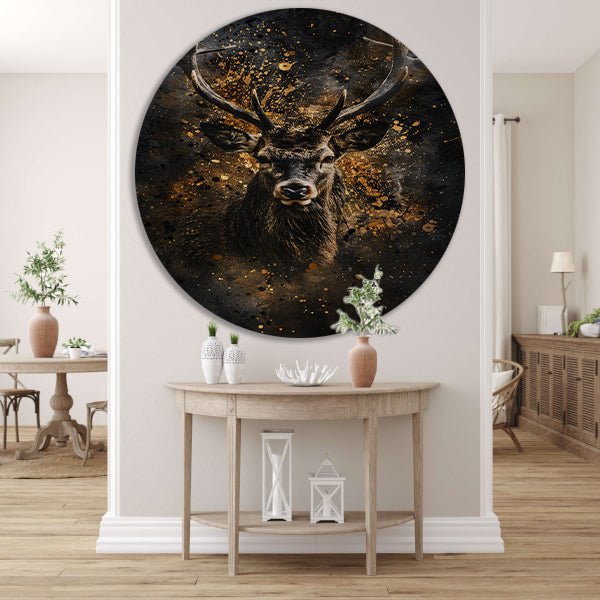 Mysterieus hert met abstracte gouden spatten aluminium muurcirkel