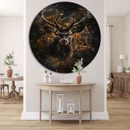 Mysterieus hert met abstracte gouden spatten aluminium muurcirkel