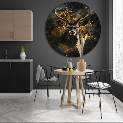Mysterieus hert met abstracte gouden spatten aluminium muurcirkel