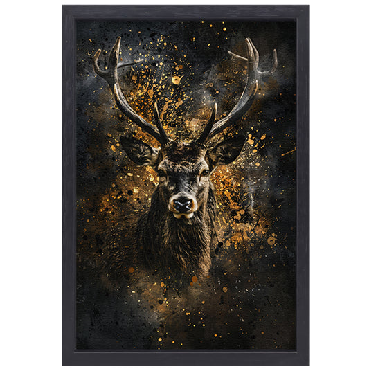 Mysterieus hert met abstracte gouden spatten canvas met baklijst
