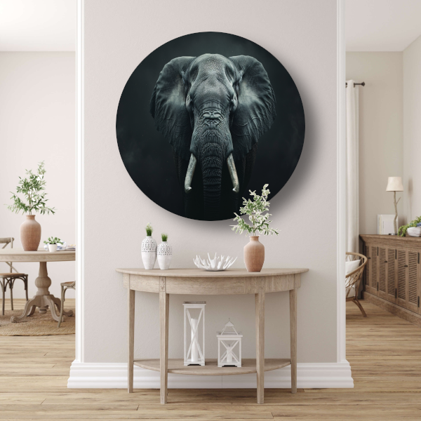 Olifant in het Duister met Slagtanden aluminium muurcirkel