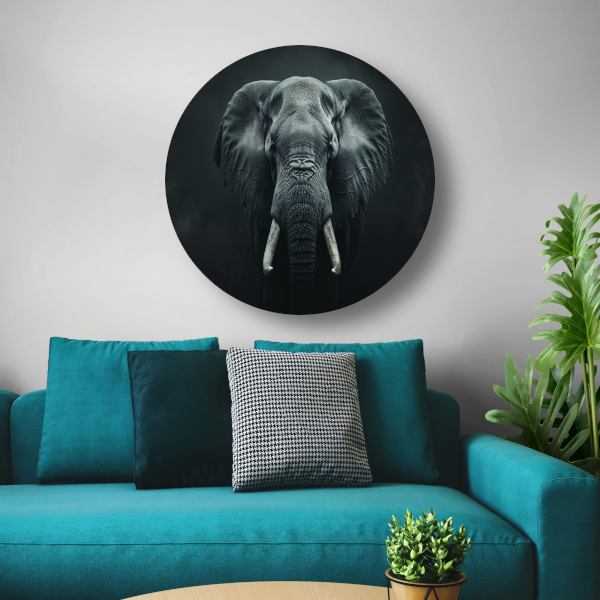Olifant in het Duister met Slagtanden aluminium muurcirkel