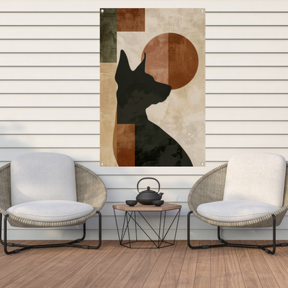 Abstracte hond in geometrische stijl met neutrale kleuren tuinposter
