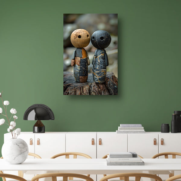 Twee Stenen Figuren op Boomstronk canvas