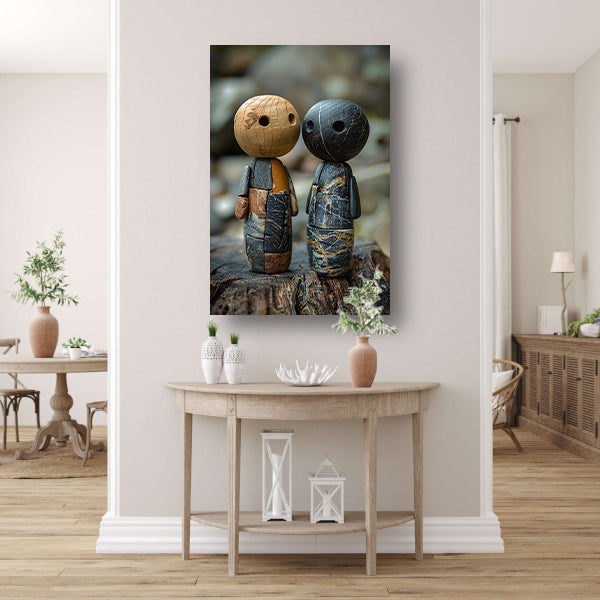 Twee Stenen Figuren op Boomstronk canvas