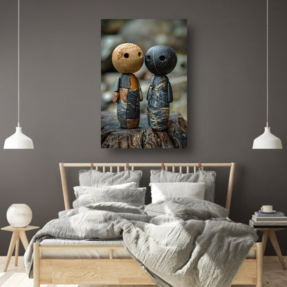 Twee Stenen Figuren op Boomstronk canvas