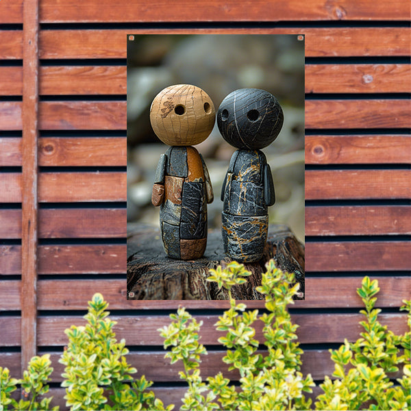 Twee Stenen Figuren op Boomstronk tuinposter