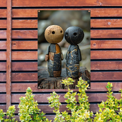 Twee Stenen Figuren op Boomstronk tuinposter
