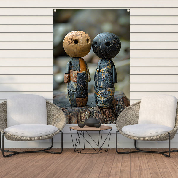 Twee Stenen Figuren op Boomstronk tuinposter