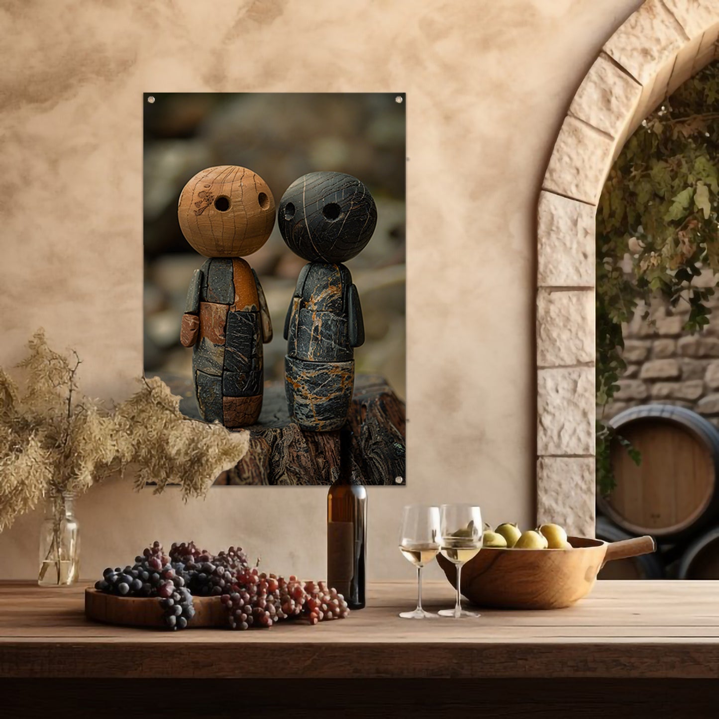 Twee Stenen Figuren op Boomstronk tuinposter