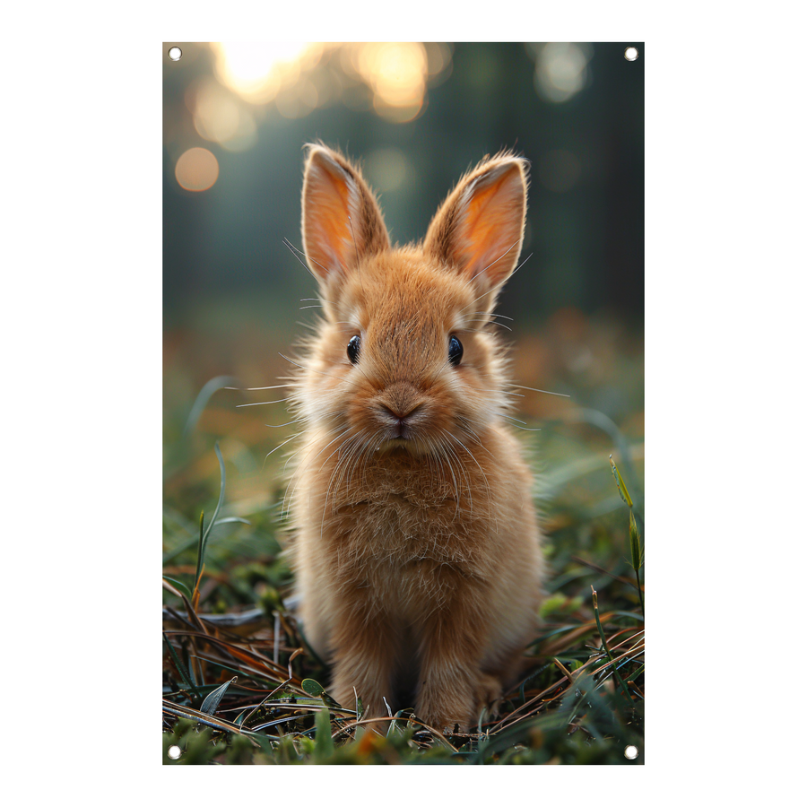 Schattig bruin konijn bij zonsondergang tuinposter