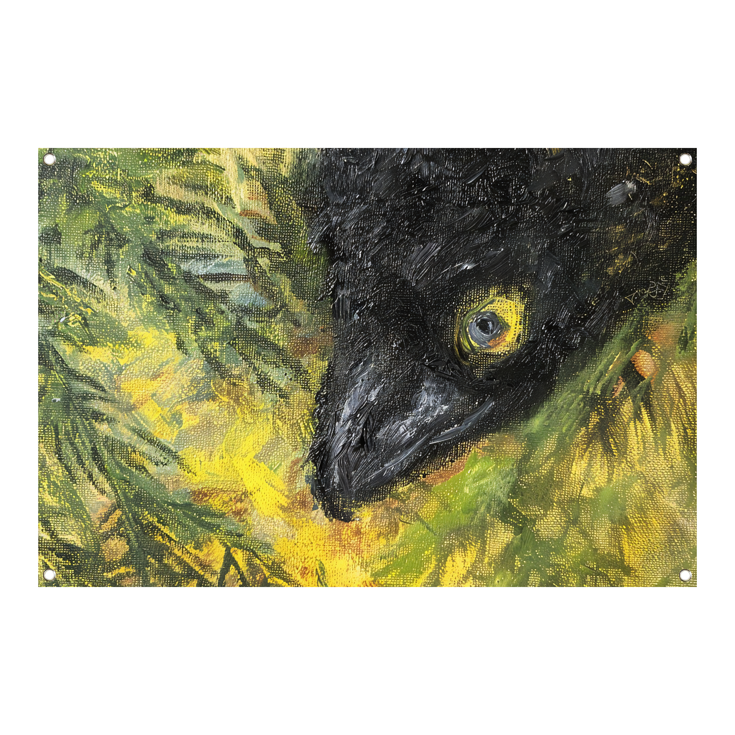 Abstracte vogel in levendige kleuren en bladeren tuinposter