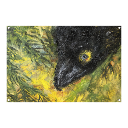 Abstracte vogel in levendige kleuren en bladeren tuinposter