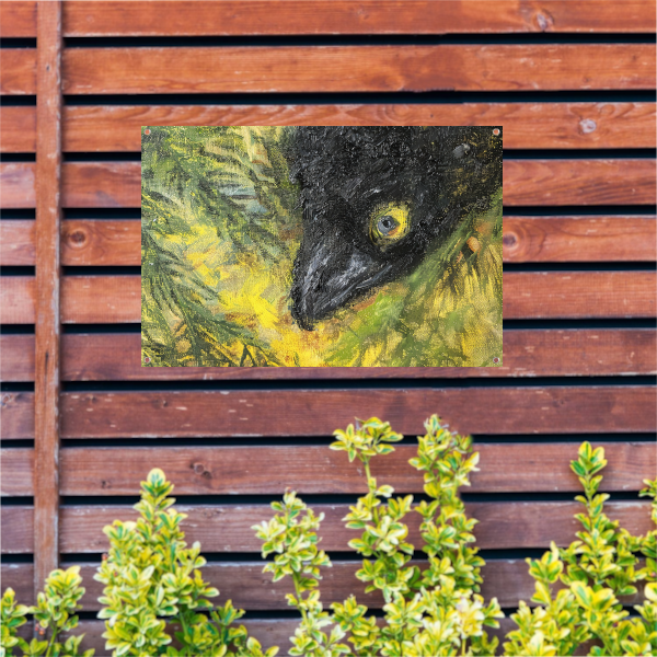 Abstracte vogel in levendige kleuren en bladeren tuinposter