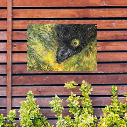 Abstracte vogel in levendige kleuren en bladeren tuinposter