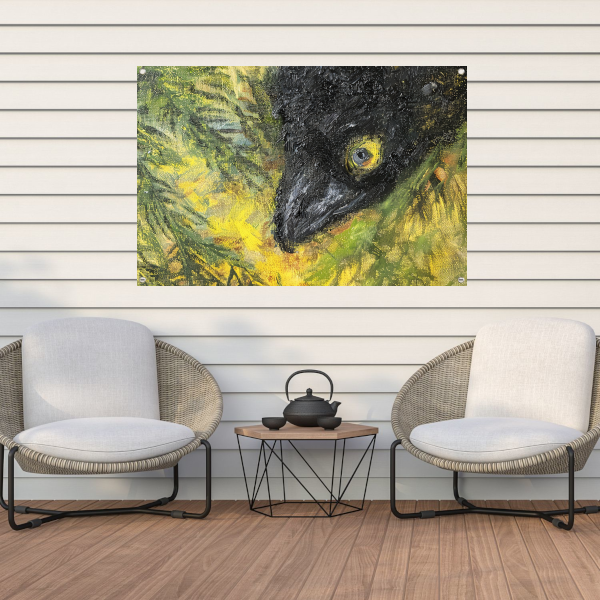 Abstracte vogel in levendige kleuren en bladeren tuinposter