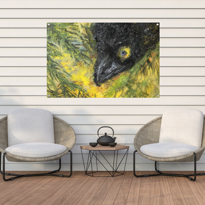 Abstracte vogel in levendige kleuren en bladeren tuinposter