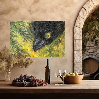 Abstracte vogel in levendige kleuren en bladeren tuinposter