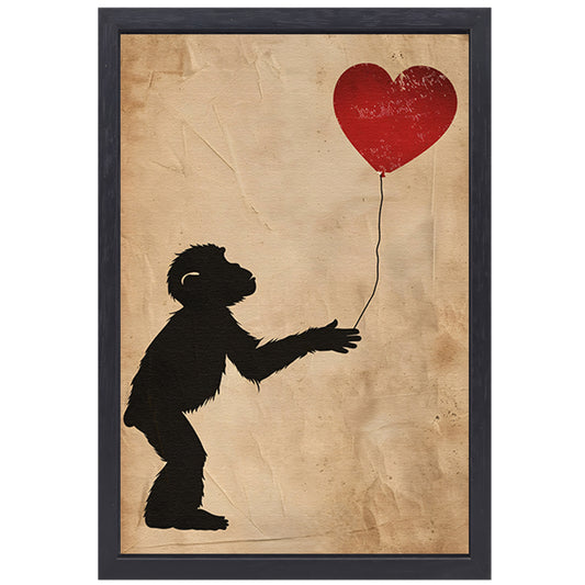 Silhouet van een aap met hartvormige ballon canvas met baklijst