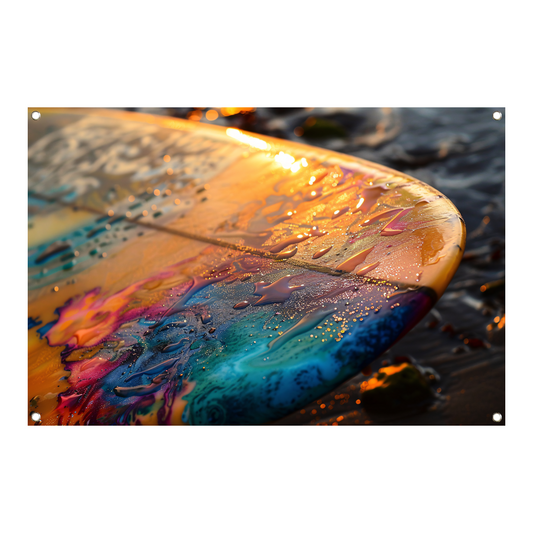 Kleurrijke Surfplank in Glinsterende Zee bij Zonsondergang tuinposter