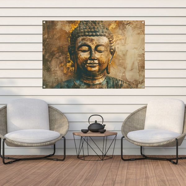 Vergulde Boeddha op artistiek bewerkte achtergrond tuinposter