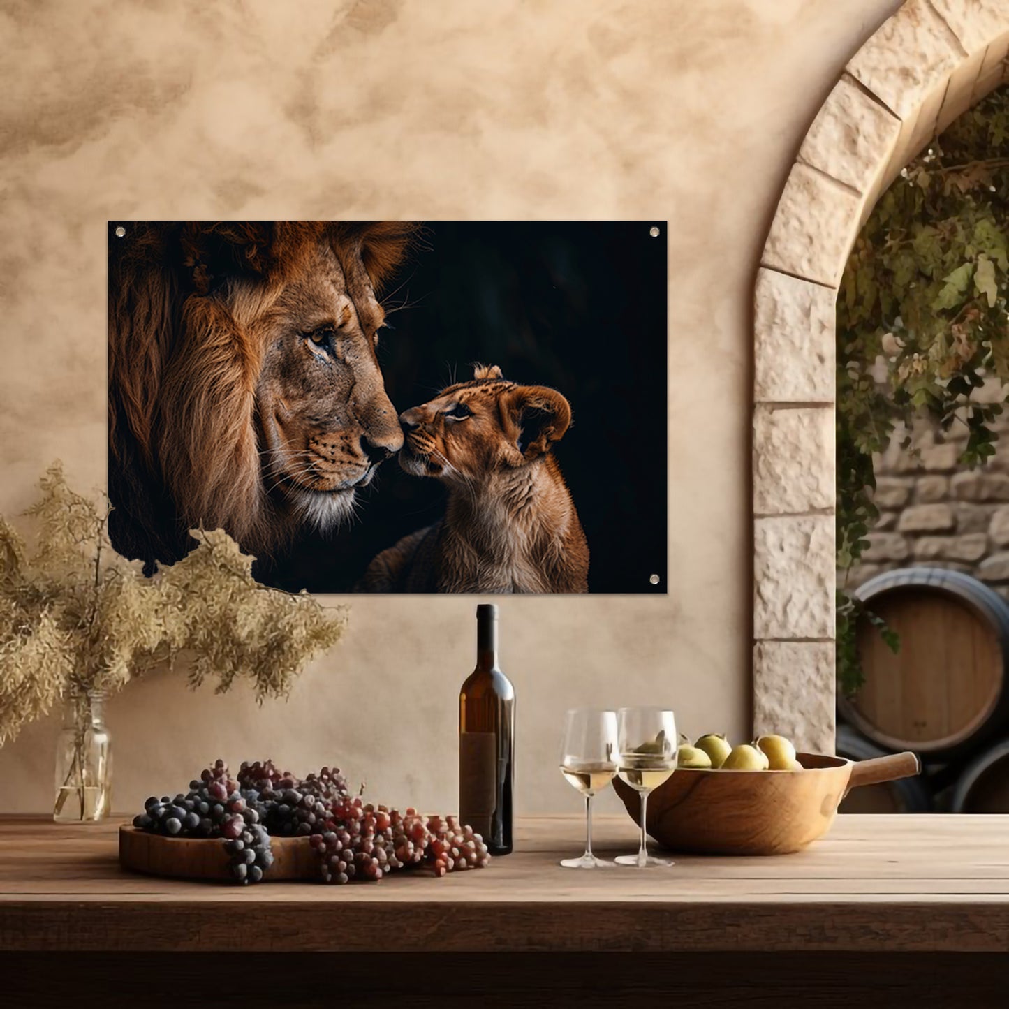 Intiem moment tussen leeuw en welp tuinposter
