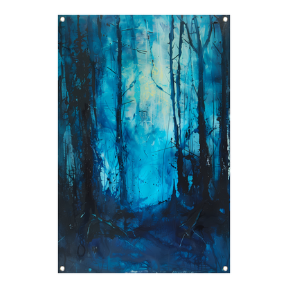 Abstract blauw bos in dynamische penseelstreken tuinposter