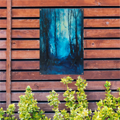 Abstract blauw bos in dynamische penseelstreken tuinposter