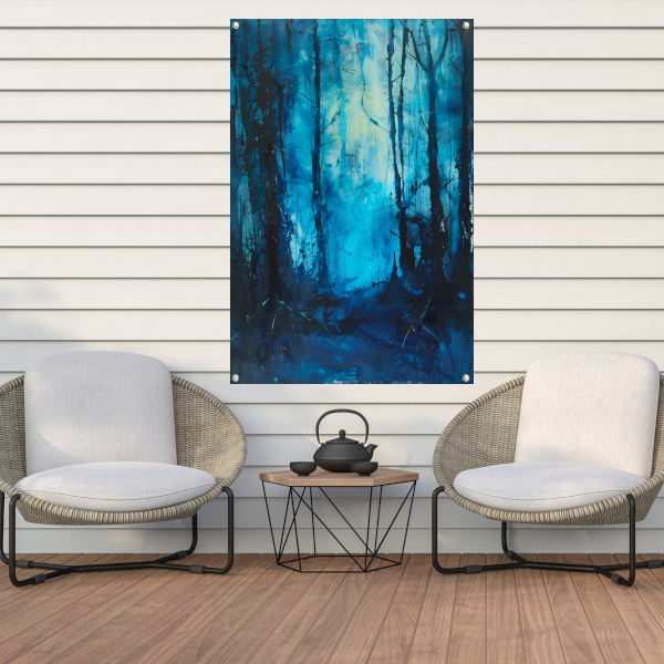 Abstract blauw bos in dynamische penseelstreken tuinposter