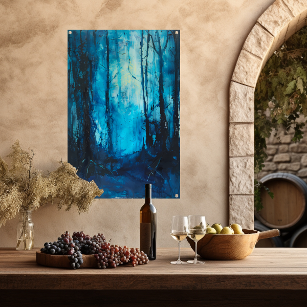Abstract blauw bos in dynamische penseelstreken tuinposter