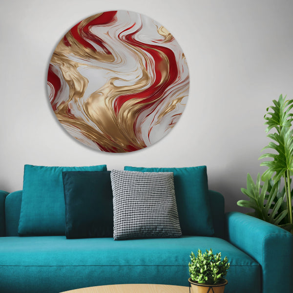 Gouden en Rode Abstracte Vloeibaarheid aluminium muurcirkel