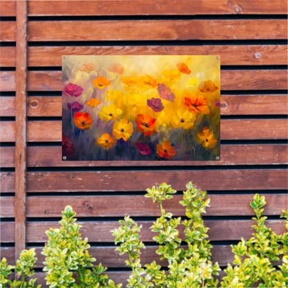 Abstract schilderij van kleurrijk bloemenveld tuinposter