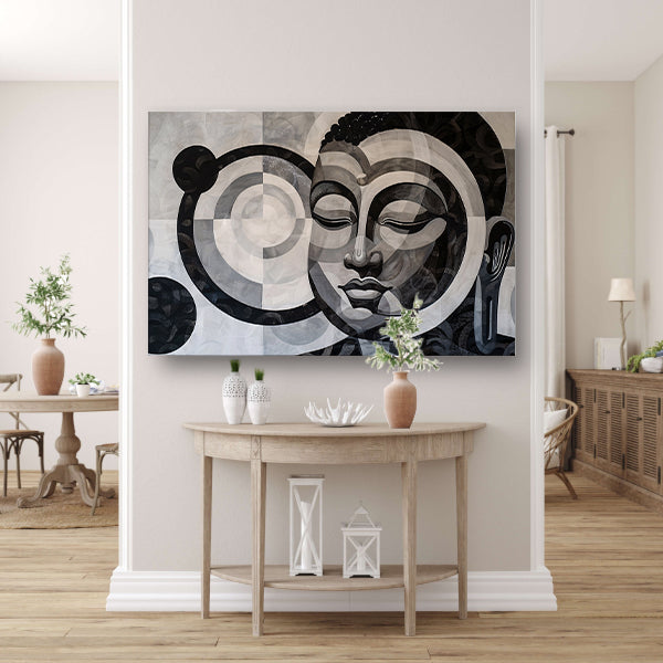 Surrealistisch Boeddha ontwerp met geometrische patronen poster