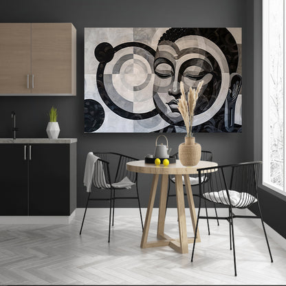 Surrealistisch Boeddha ontwerp met geometrische patronen acrylglas