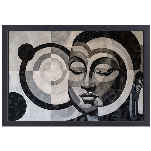 Surrealistisch Boeddha ontwerp met geometrische patronen canvas met baklijst