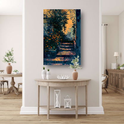 Serene tuin bij zonsondergang, digitale kunst canvas