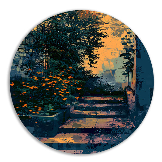 Serene tuin bij zonsondergang, digitale kunst aluminium muurcirkel