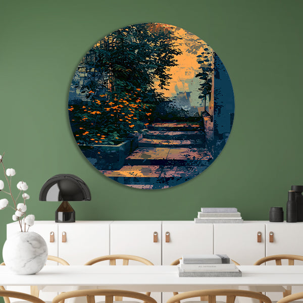 Serene tuin bij zonsondergang, digitale kunst aluminium muurcirkel