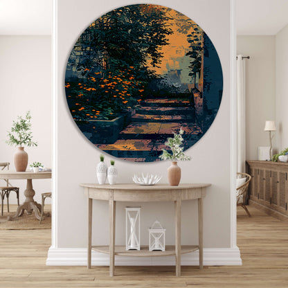 Serene tuin bij zonsondergang, digitale kunst forex muurcirkel